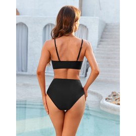 MAIABLEAU Women High Waisted Bikini Sets Two Piece Swimsuits Push Up Twist Front Ruched Bathing Suits Black XL