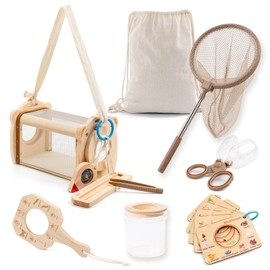 Wooden Bug Catcher for Kids, Outdoor Toys for Kids Ages 4-8, 11Pcs Kids Camping Gear & Exploration Kit with Butterfly Net, Tweezer and Other Adventure Sets for Garden Backyard