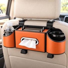 4-in-1 Car Seat Back Organizer for Rear Seat Storage – Dual Cup Holders, Tissue Dispenser, Phone Tray & Headrest Hooks for Travel