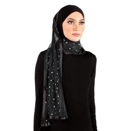 Middle Eastern Mall Stylish Mona Hijab Women's Kuwaiti with Wrap Shawl & Satin Trim (Silver Stars)