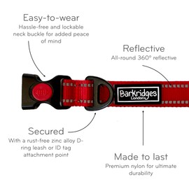 Barkridges® Premium Dog Collar | Adjustable | Easy-to-Wear Buckle | Lockable | Durable | Safety Reflective Strips | Comfortable for Small Medium Large Dogs (Red, M/L)
