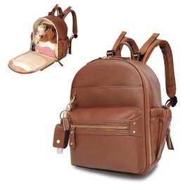 Miss Fong Mini Diaper Bag, Leather Diaper Backpack with 11 Pockets Diaper Bag Organizer, and a Hand Sanitizer Holder, and 2 Insulated Pockets - Color: Brown