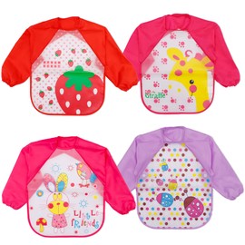 Baogaier Bibs with Sleeves Baby Waterproof Weaning Toddler Bib Long Sleeves Washable 4 PCS Plastic Eating Feeding Nursling Playing Painting Easy Clean Animal EVA Rabbit Strawberry Giraffe Ladybug