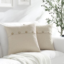 Meekio Set of 2 Biscotti Beige Square Pillow Covers 22 x 22 Farmhouse Linen Pillow Covers with Coconut Buttons for Sofa Couch Living Room Bedroom Farmhouse Décor for The Home Housewarming Gifts