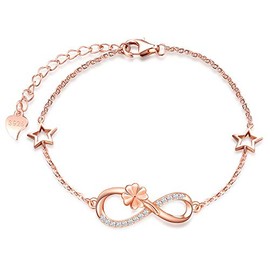 MicLee Women's Bracelet Zirconia 925 Sterling Silver Allergen-Free Four Leaf Clover Infinity Sign Two Stars Bangle Bracelet with Gift Bag Great Gift for Mother Girlfriend, Silver Silver Zirconia,