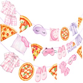 Pizza & Pajamas Themed Party Banner, Watercolor Sleepover Party Bunting, Pink Purple Pajama & Pizza Themed Garland for Girls Night Supplies, Girls Slumber Party Decorations