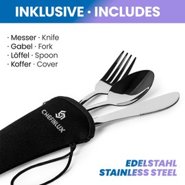CHEFINLUX Fantastisches Besteckset | Wiederverwendbare Utensilien mit Neoprenetui | Bambusutensilien zum Servieren für Party/Hochzeit/Picknick (Kocher, Gabel, Messer) (2 Stück)