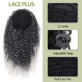 LACE PLUS Drawstring Ponytail Extensions - Kinky Curly 16 Inch Ponytail Extension Curly Drawstring Ponytail For Black Women Dark Brown Ombre Gray Curly Wavy Natural Ponytail Extensions Synthetic