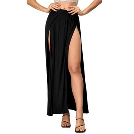 Verdusa Women's High Split Wrap Flowy Long Maxi Skirt Solid Black Large