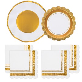 ECOHOLA Gold and White Party Supplies Disposable 9" Dinner Plates 7" Dessert Plates Scalloped Luncheon Napkins for Birthday Wedding Anniversary Engagement Bachelorett Party Decorations, Serve 24