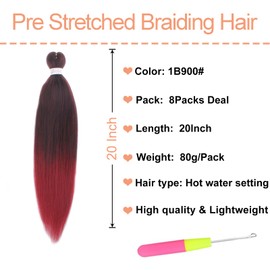 Mscat 20 Inch 8 Packs Pre Stretched Braiding Hair Ombre Bungundy Pre Stretched Braiding Professional Synthetic Prestretched Crochet Braids Hair Extension Hot Water Setting Yaki Texture (1B900#)