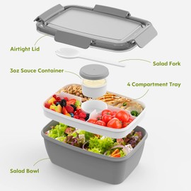 Cherrysea Cherrysea Salad Lunch Container, 68oz Salad Bowls with 4 Compartments Tray,Leak Proof Lunch Box with Fork for Men,Women BPA-Free Snack Container with Sauce Container for Dressings-Grey