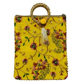 EliteKoopers Indian Thread Work Embroidery Women Handbag/Purse/Clutch/Tote Bag for Haldi Mehendi Wedding Favours, Gifting, Christmas (Yellow)