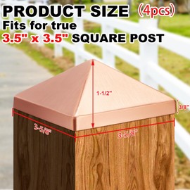Blulu 4 Pcs 4''x4'' (Actual 3.5''x3.5'') Solid Copper Pyramid Post Cap Fence Pyramid Decking Caps for True/Actual Metal Wood Cedar Fence Deck Corridors Mailbox Posts End Cover