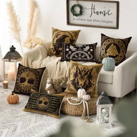 Artoid Mode Set of 4 Gold Viking Futhark Runes Odin Tree of Life Wolf Raven Cushion Covers, Couch, Living Room Decoration, 45 x 45 cm