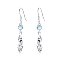 TRISHULA Feather Earrings 925 Sterling Silver Moonstone Earrings Moonstone Feather Dangling Hook Earrings Feather Jewelry for Women