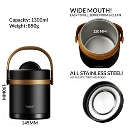 HEEMBURG 1.3L Stainless Steel Thermal Container | Insulated Container for Hot Foods, Meals and Soups | Ideal for Office and Outdoor Activities | Food Container / Heat Container