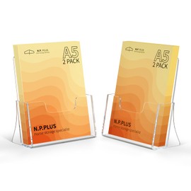 NPPLUS A5 Acrylic Leaflet Holder: 2 Pack Clear Brochure Stand Holder, Counter Booklet Holder for Flyers, Posters, Catalogs, Freestanding Menu Display Rack for Restaurant, Retail, Hotel