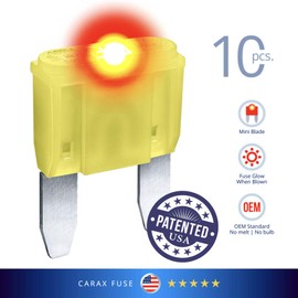 CARAX Glow Fuse – Premium Fuse Mini Blade – 20A Kit 10 pcs – Glow When Blown LED Automotive Fuse – Smart Auto Glow Fuse Easy Identification – 10 pcs