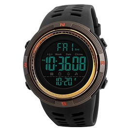 Men's Sports Watches Digital LED Face Backlight Multifunction Military Waterproof for Boys Wrist Watch 1251 (Black Brown Gold)