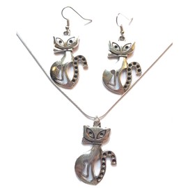 Generic Silver Cat Chunky Earrings and Necklace Jewellery Set, Handcrafted