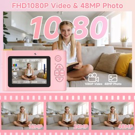Digital Camera,48MP Kids Camera 1080P Dual Lens Cmopact Camera with Fill Light,Portable Camera with 32GB SD Card,Small Digital Camera for Kids Teens Boys and Girls,Pink