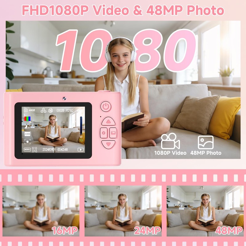 Digital Camera,48MP Kids Camera 1080P Dual Lens Cmopact Camera with