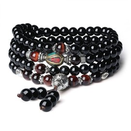 COAI 108 6 mm Onyx Tiger's Eye / Red Tiger's Eye Nepalese Beads Tibetan Wrap Bracelet Necklace for Men and Women, Onyx Red Tiger Eye, Onyx