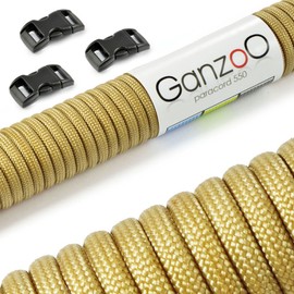 Ganzoo Set of Paracord 550 Rope with 3 x Click Fasteners, 3/8 Inch, 10 mm Strap/Cord 4 mm, Nylon - Polyester, Type 3, 30 Metres, Outdoor Cord, All-purpose Rope, Bracelet, Crafts, Gold