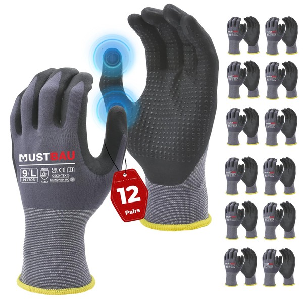 Mustbau 12 Pairs Black Touch Screen Work Gloves Men Nitrile