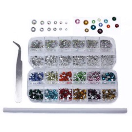 Allstarco Over 2000 Pieces Flat Back Gems Nail Art Round Crystal Rhinestones 6 Sizes (1.5mm-6mm) + Pick Up Tweezer, Pick Up Pencil for Crafts Face Jewels DIY Embellishments
