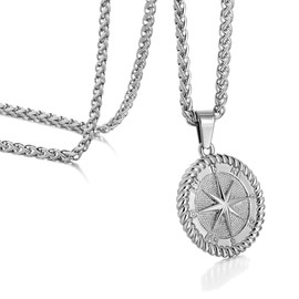 murtoo Men's Necklace, Necklace with Compass Pendant for Men, Silver Coin Pendant, Wheat Chain for Men, Women, Stainless Steel Necklace, Gift for Men and Women, 60 cm, Stainless Steel