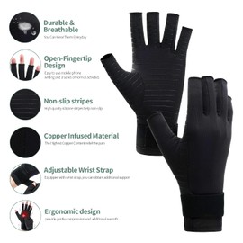 Copper Compression Arthritis Gloves with Strap, Best Copper Infused Glove for Women and Men, Fingerless Glove Hand Wrist Support for Carpal Tunnel, Arthritis, RSI, Tendonitis, 1 Pair, Black (S)