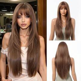 Peluca Larga con Flequillo Recto - Cabello Natural para Mujer - Estilo Moderno y Elegante (Castaño)