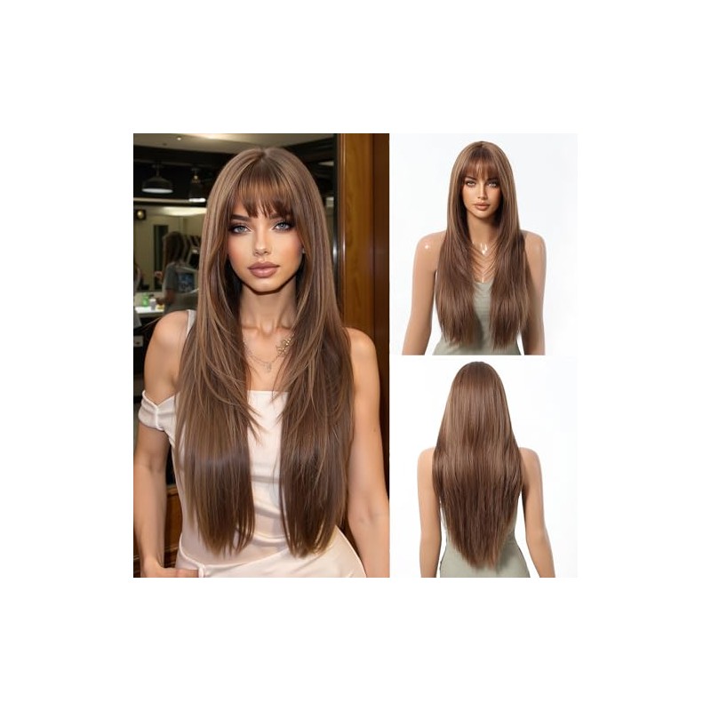 Peluca Larga con Flequillo Recto - Cabello Natural para Mujer