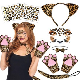 Leopard Costume Set, 7-Piece Leopard Costume for Women and Children, Leopard Ears, Headband, Tail, Bow Tie, Gloves, Leopard Tattoo Face, for Carnival, Jungle Costume, Cosplay, a