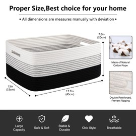 OIASKET Large Storage Basket for Organizing, Woven Rope Basket for Shelves, Closet Organizer Bins for Clothes, Blanket, Toys, Baby Nursery Storage, 17.7" x 13" x 7.87", 2 Packs Gradient Black