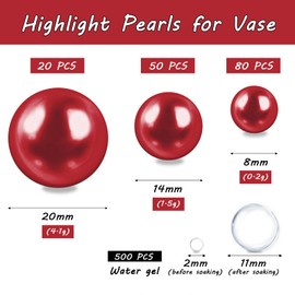 Cusmation 150 PCS Round No Hole Red Pearl Beads and 800PCS Water Beads Clear, Red Pearl Beads Red Vase Filler Pearl Beads for Vases Filler Floating Vase Fillers Home Wedding Decoration 8/14/20 mm