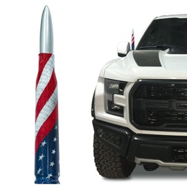 Engirette Car Truck Antenna with Tire Stem Caps American Flag Anti-Theft Design, Universal Short Replacement for Ford F150 F250 F350 Raptor Dodge RAM GMC Sierra Chevy Silverado 1500 2500 3500, Silver