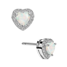 Michooyel Opal Stud Earrings, Sterling Silver, Heart-shaped, Cubic Zirconia, October Birthstone, Jewelry, Christmas, Birthday, School Entrance Ceremony, Graduation Ceremonies, Recitals, Elegant, Adult, Hypoallergenic, Women's, Gift, Silver, Opal