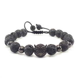 Omky Pulsera Búho |Brazalete Ajustable Piedra Volcánica | Regalo Hombre Mujer | (Negro)