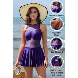 HomeTzaryn Swimming Suits for Women Adjustable Straps One Piece Swim Dress Swimwear Skirt with Built-in Shorts Purple