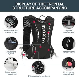 INOXTO Water Bag Vest, 5L Light Running Backpack, Adjustable Chest Strap, Suitable for Marathon, Hiking, Biking, Mountaineering for Men and Women (Black 1.5L water bag, standard)