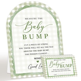 Green retro plaid Theme Baby Shower Games, Measure the Baby Bump Game decor, 50 guessing cards and 1 7 x 10" standing sign - A10