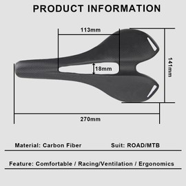 Mountain Bike Saddle RXL SL MTB Carbon Saddle Carbon Fiber Bike seat Saddle Road Carbon seat Road Bike Women Saddle 3K Matte 270 * 141mm Carbon Fiber Track seat