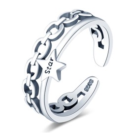 MICGIGI Women's Adjustable Ring 925 Sterling Silver Finger Ring Retro Double Layer Star Design Open Ring, Silver