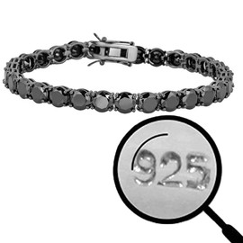 HarlemBling Solid 925 Sterling Silver Men's Black Tennis Bracelet - Iced Hip Hop CZ Men's One Row Bracelet - Real Oxidized Solid Silver Black CZ 8.5" 7mm