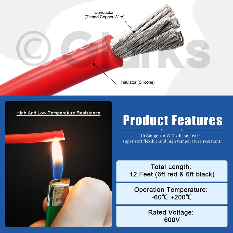 Glarks 10 Gauge High Temp Silicone Wire 6 ft red