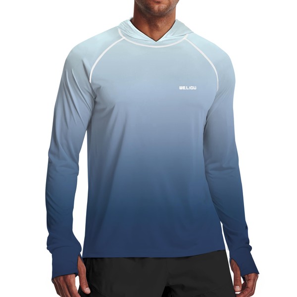 WELIGU - Camisa con capucha para hombre, protección solar UPF 50+, manga larga, SPF para pesca, al aire última intervensión, UV, senderismo, ligeras, B-n-azul, XX-Large