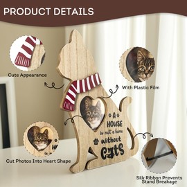 Lily's Home Cat-Shaped Wooden Photo Frame - 9'' x 11.8'' with Heart-Shaped 3.5'' x 3.5'' Slot - Sturdy Easel Stand & Ribbon - Ideal Picture Frame for Cat Lovers - Perfect Pet Memorial Gift